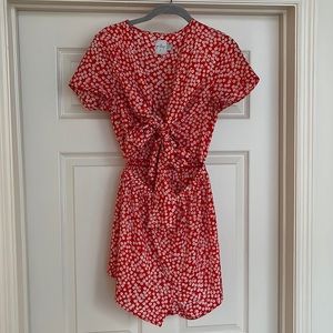 Polly tie front, red and white floral romper